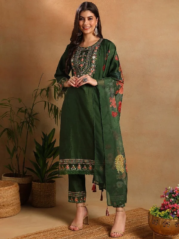 Green Silk Blend Solid Embroidered Straight Kurta Trousers With Dupatta Wide Leg Loose Fit Mid Waist