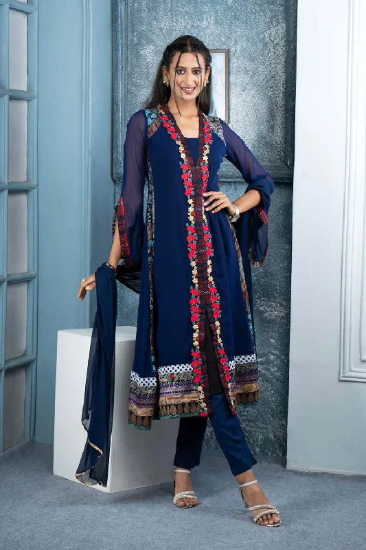 Blue Embroidered Georgette Stitched Trouser Kurta With Dupatta Trousers Flared Retro