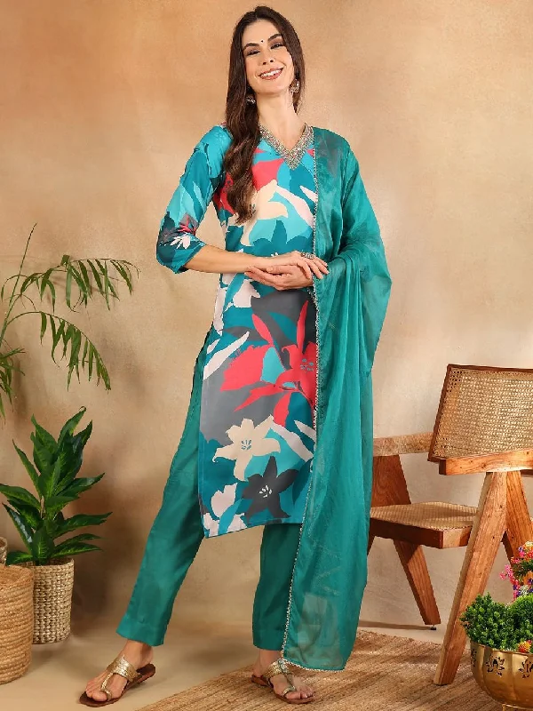 Teal Silk Blend Floral Printed Straight Kurta Trouser With Dupatta Trousers Mesh Breathable