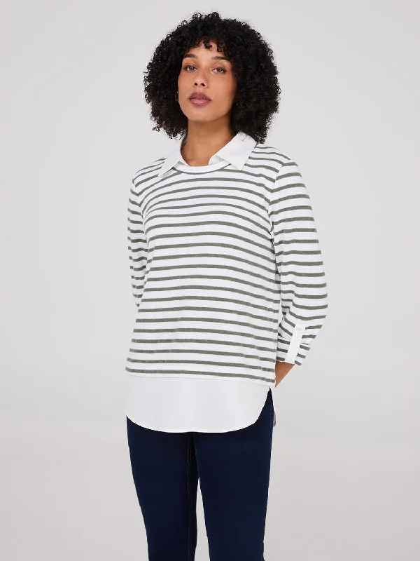 2-Fer Striped Sweater With Blouse Notch Collar Peter Pan Collar Cowl Neck