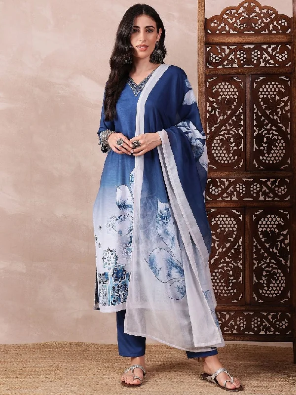 Blue Silk Blend Abstract Printed Straight Kurta Trouser With Dupatta Trousers Travel Practical