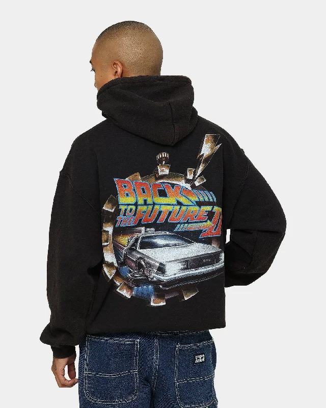 American Thrift X Back To The Future Back To The Future 2 Vintage Hoodie Washed Black Hoodie with Camouflage Military Edgy