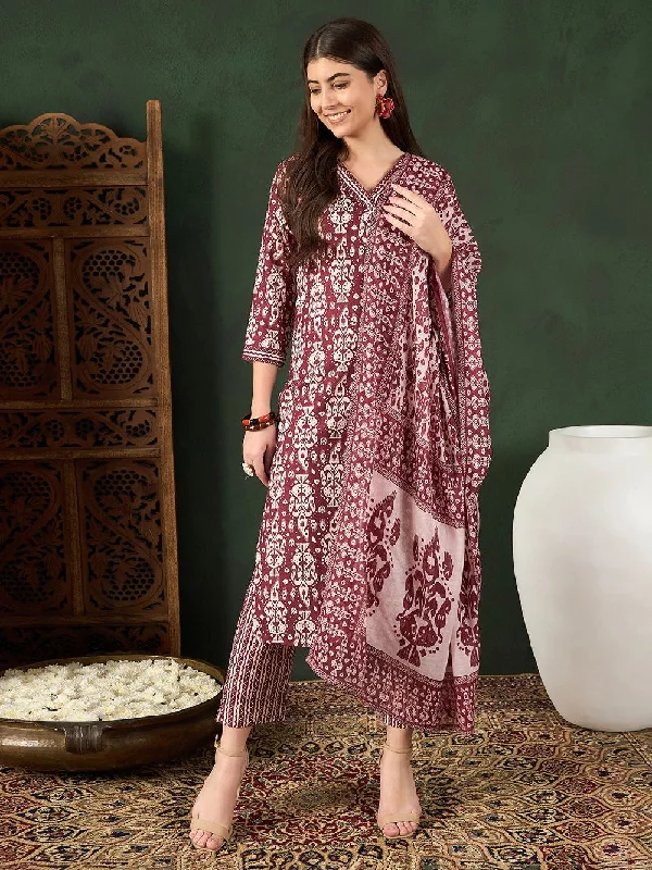 Maroon Rayon Blend Ethnic Motifs Printed Straight Kurta Trouser With Dupatta Trousers Silk Elegant