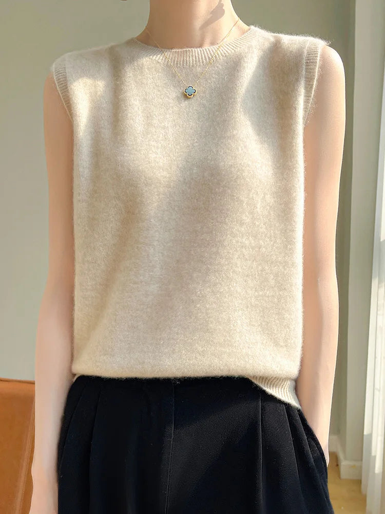 New Women O-neck Sleeveless Sweater Simple Style Solid Soft Vest 100% Merino Wool Knitwear Pullover Spring Summer Korean Tops Seamless Knit Pullover New Women O-neck Sleeveless Sweater Simple Style Solid Soft Vest 100% Merino Wool Knitwear Pullover Spring Summer Korean Tops Seamless Knit Pullover