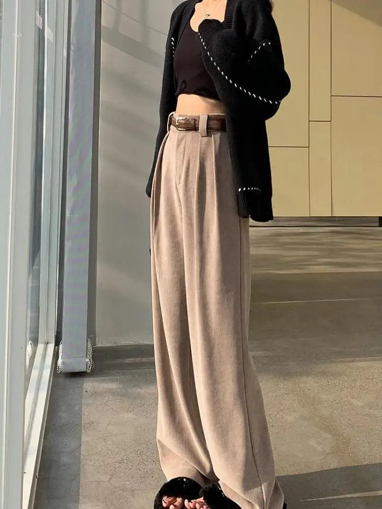 Advbridge Solid Elegant Office Lady Corduroy Trousers Women Autumn Winter High Waist Loose Harajuku Wide Leg Long Pants Casual Streetwear Trousers Fleece Cozy