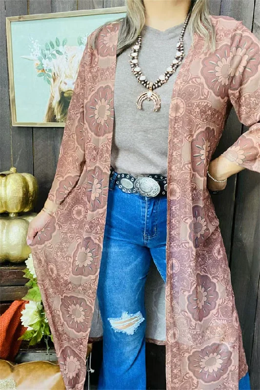 DLH15666 Tan floral printed 3/4 sleeve women cardigan Layered Multi-layer Single Layer DLH15666 Tan floral printed 3/4 sleeve women cardigan Layered Multi-layer Single Layer