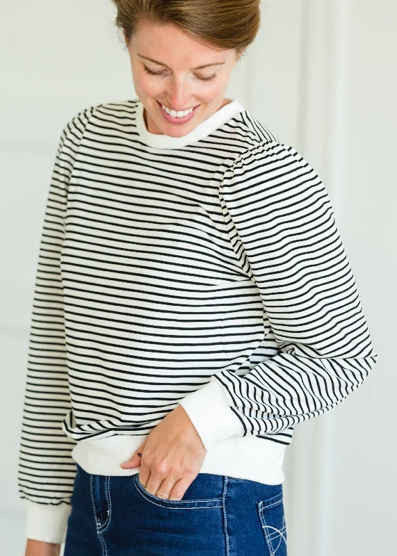 Ivory and Black Puff Sleeve Striped Sweatshirt - FINAL SALE Hoodie with Distressed Vintage Worn