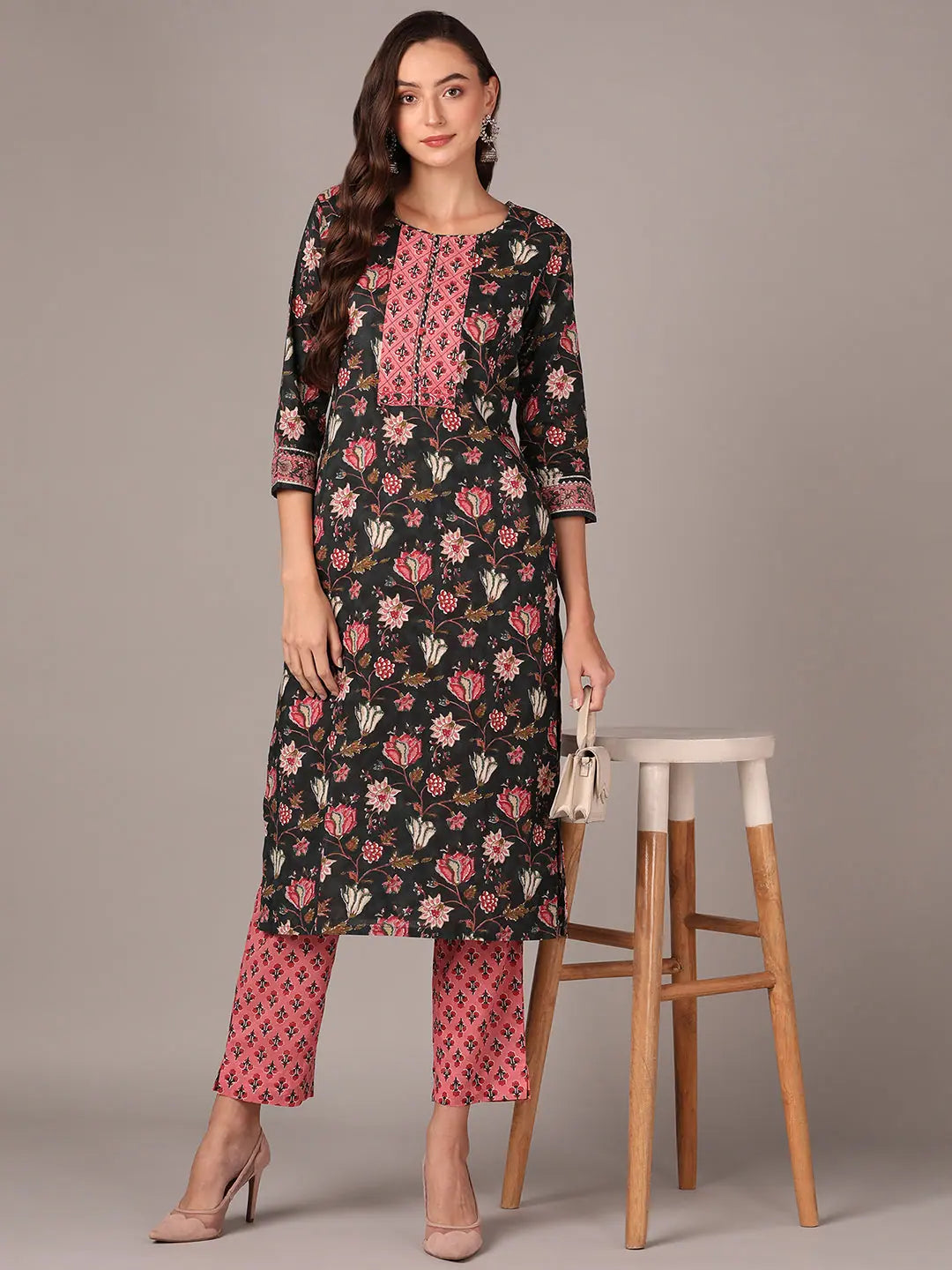 Ahika Women Black Cotton Blend Floral Yoke Design Straight Kurta With Trouser Trousers chic elegant