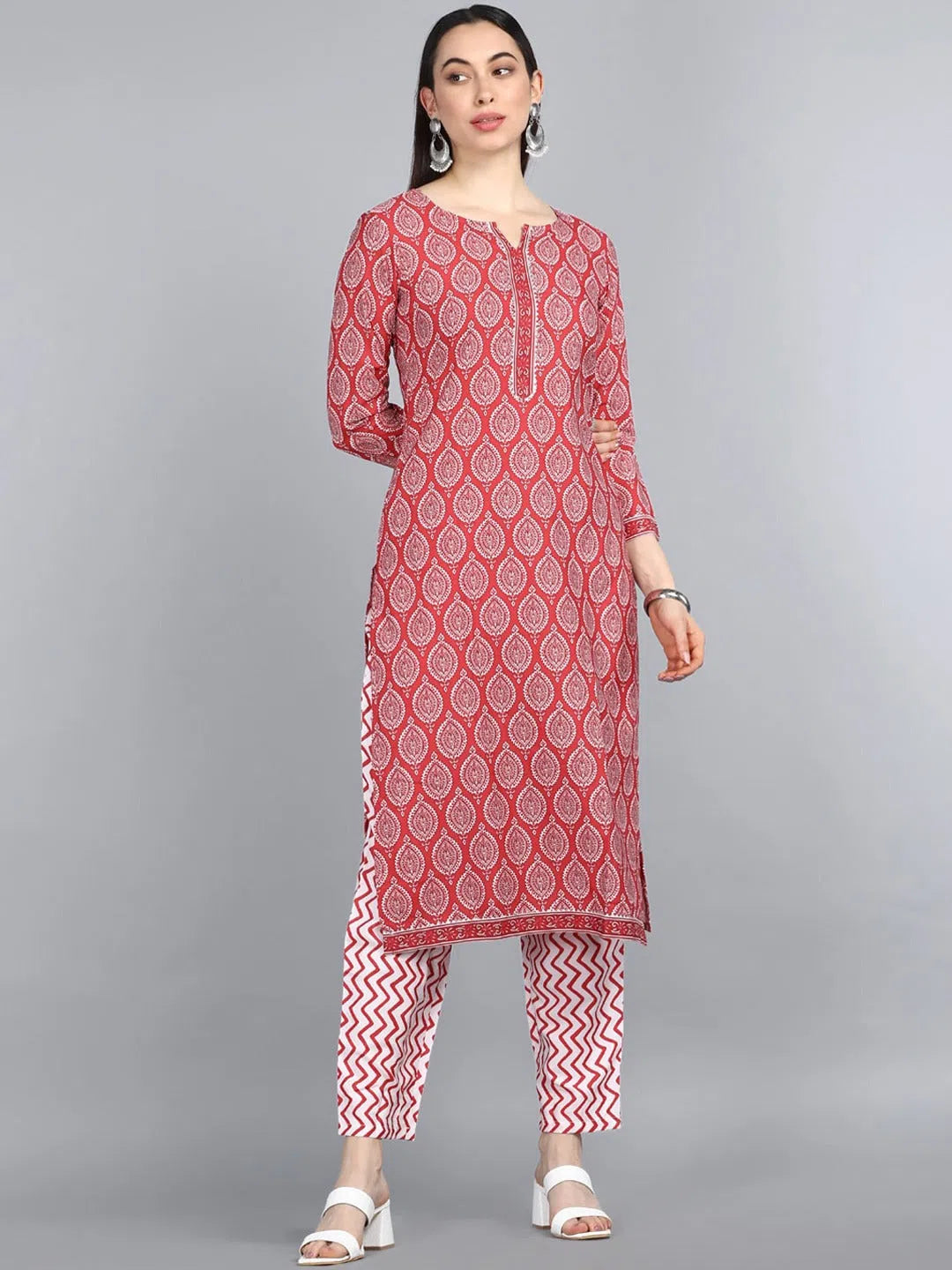 Ahika Women Red Printed Regular Straight Kurta With Trousers Set Trousers Silk Elegant