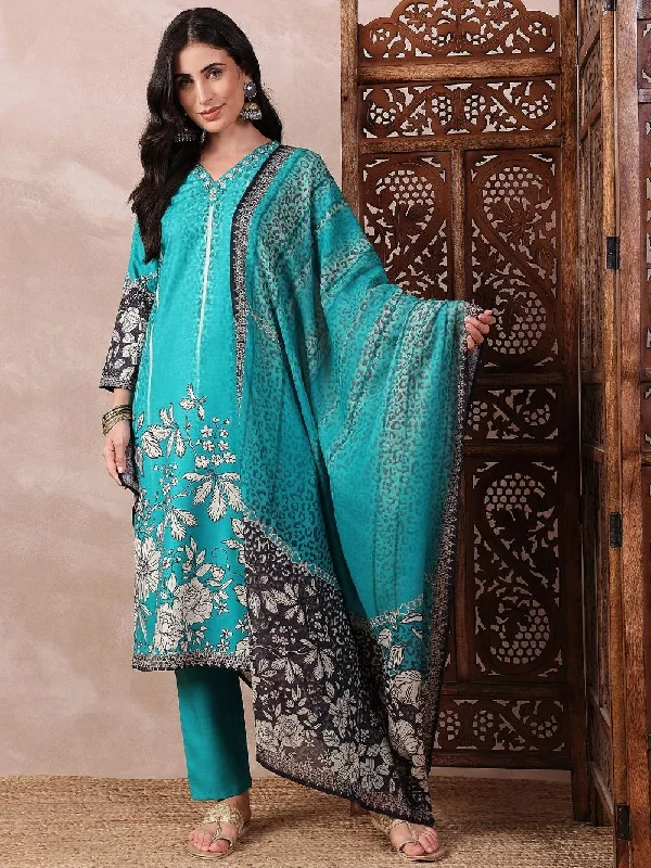 Green Silk Blend Floral Printed Straight Kurta Trouser With Dupatta Trousers Trousers Formal