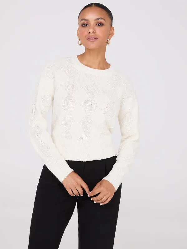 Pearl Embellished Diamond Cable Sweater High Neck Crew Neck V-Neck