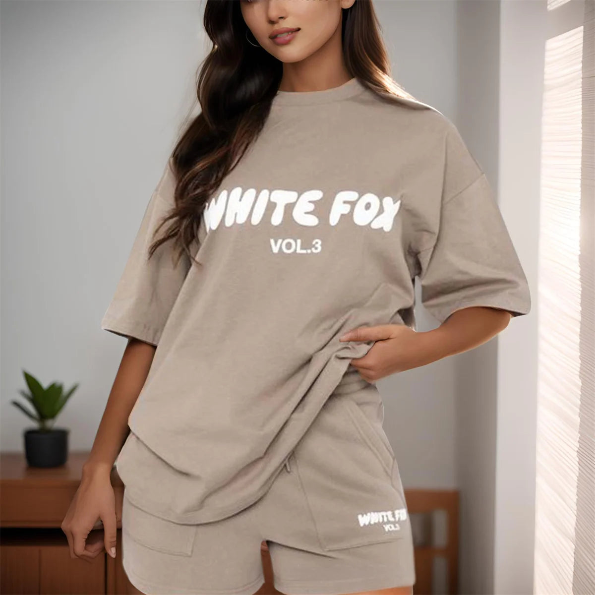 Summer Printed Letter Retro Women Short Pants Ladies Chic Drawstring Solid T-shirt Pullovers Aesthetic 2 Piece Oversized Outfits Batwing Sleeve Top