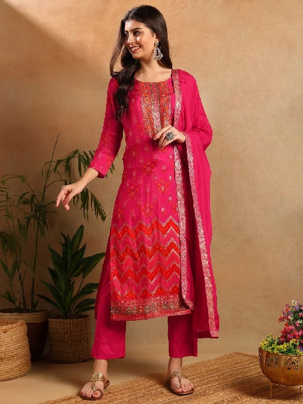 Pink Silk Ethnic Motifs Woven Design Straight Kurta Trousers With Dupatta Trousers Flared Retro