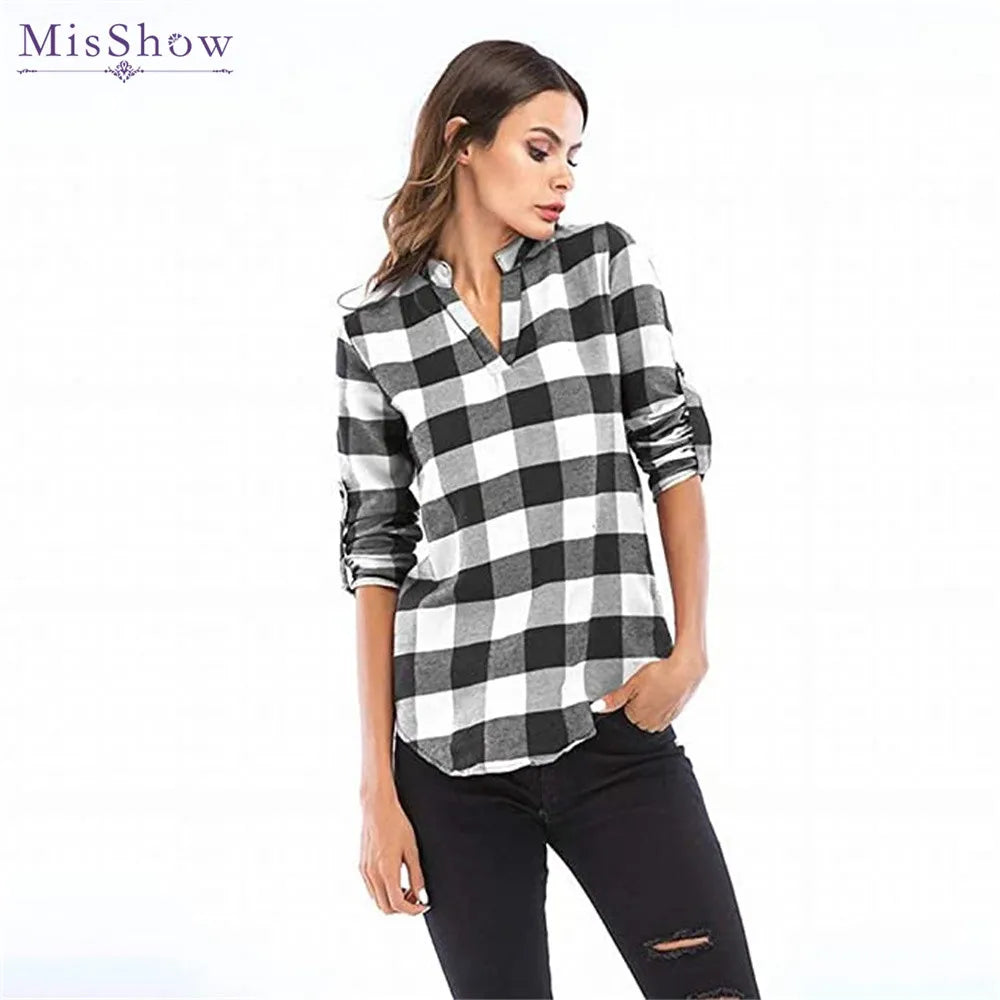 MisShow 5XL Women's Plaid Shirts Casual Notch V Neck Blouse Cuffed Long Sleeve Pullover Soft Tunic Shirt Camisas Beach Sun Tops Boxy Neck Sweater MisShow 5XL Women's Plaid Shirts Casual Notch V Neck Blouse Cuffed Long Sleeve Pullover Soft Tunic Shirt Camisas Beach Sun Tops Boxy Neck Sweater