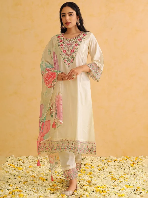 Off White Silk Blend Solid Embroidered Straight Kurta Trouser With Dupatta Trousers Fleece Cozy