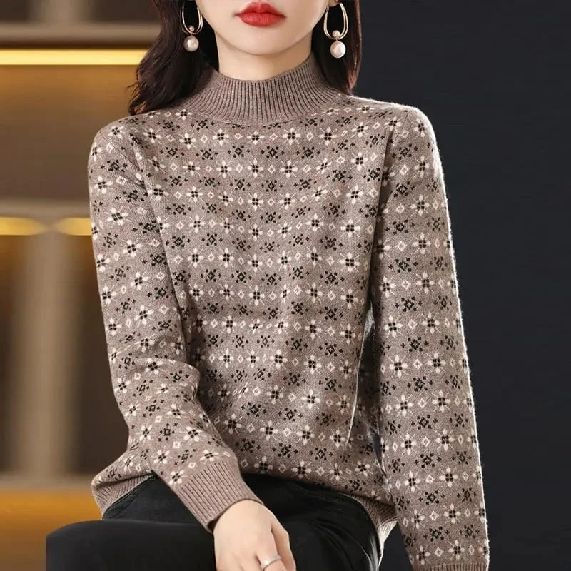 Sweater Woman Autumn Winter Half High Collar Pullovers S5056447 Mesh Blend Leather Blend Suede Blend