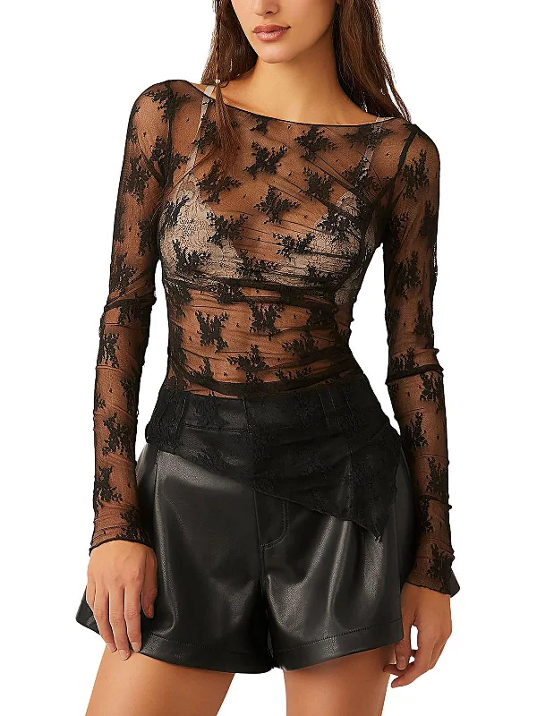 Womens Lace Sheer Pullover Top Short Sleeve Top