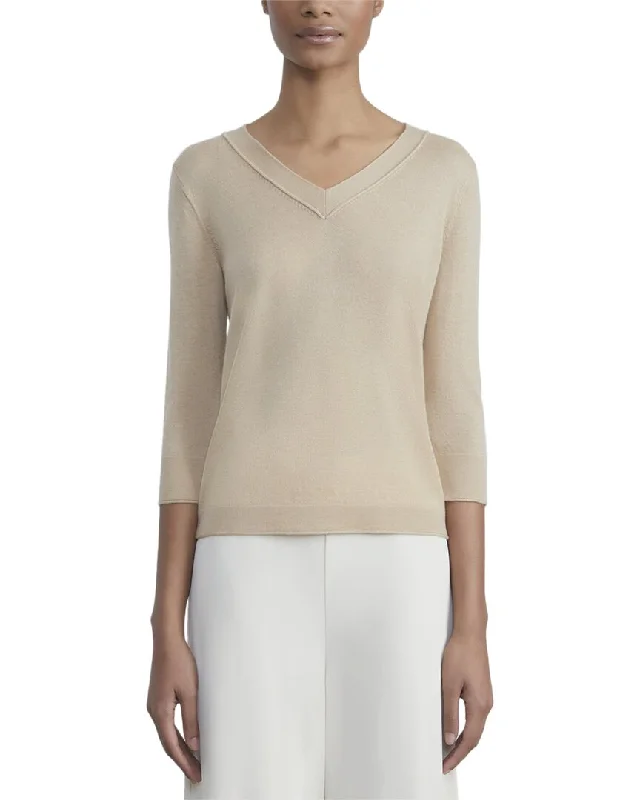 Lafayette 148 New York Plus V-Neck Cashmere Pullover Sweater Ruffled Neck Pullover
