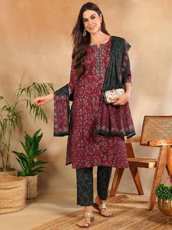 Magenta Rayon Blend Ethnic Motifs Printed Straight Kurta Trouser With Dupatta Trousers Running Lightweight