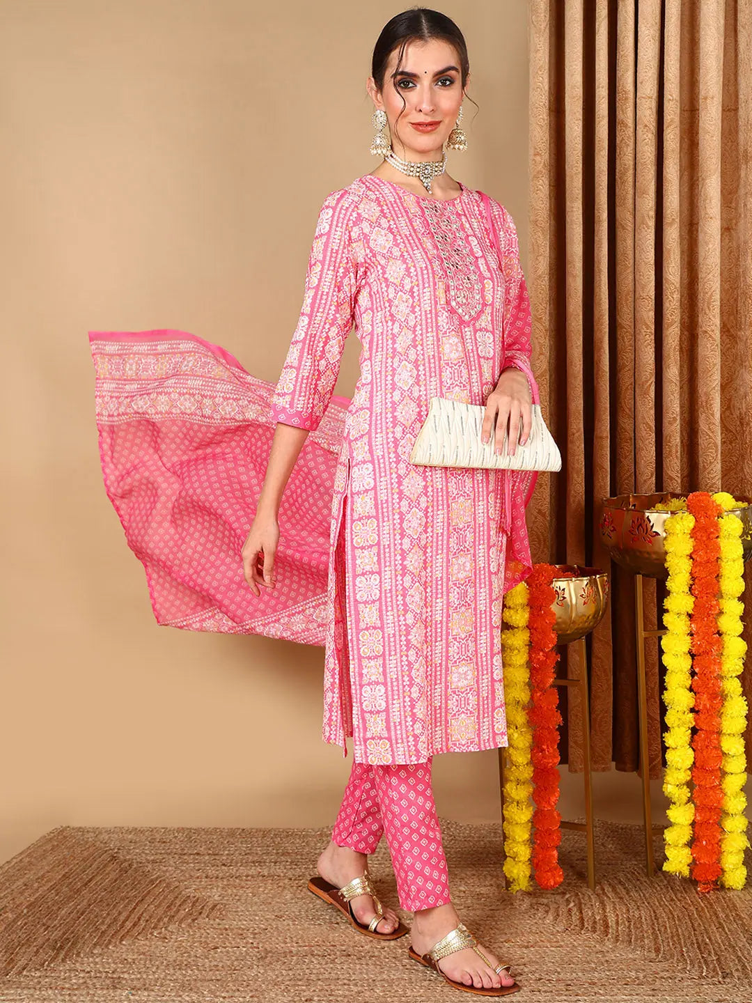 Ahika Women Pink Pure Cotton Ethnic Motifs Printed Embroidered Kurta Trouser With Dupatta Trousers Timeless Classic