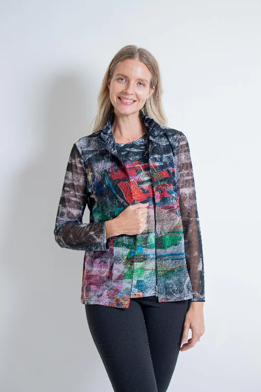 Black Mixed Print Mesh Jacket & Tank Set Embroidered Jacket Appliqued Jacket Beaded Jacket