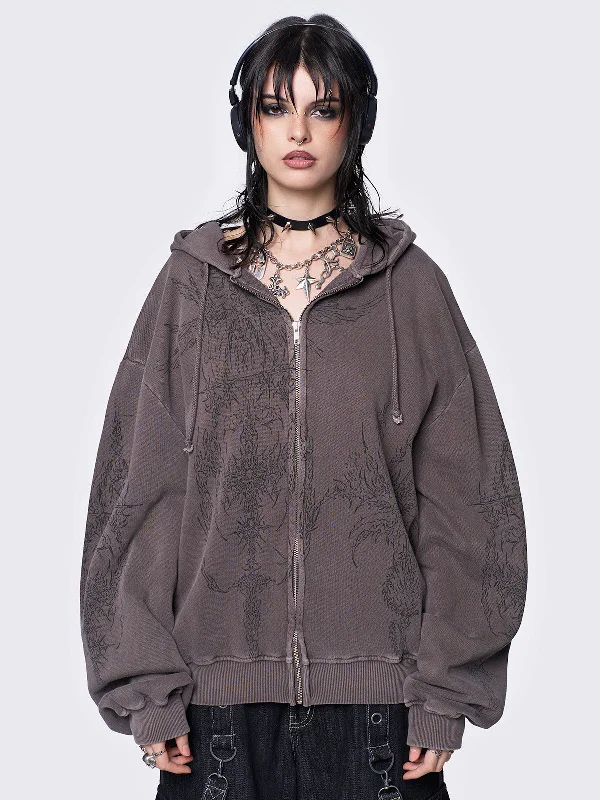 Enigmatic Brown Wash Oversized Zip Up Hoodie Hoodie with Slim Fit Tailored Modern