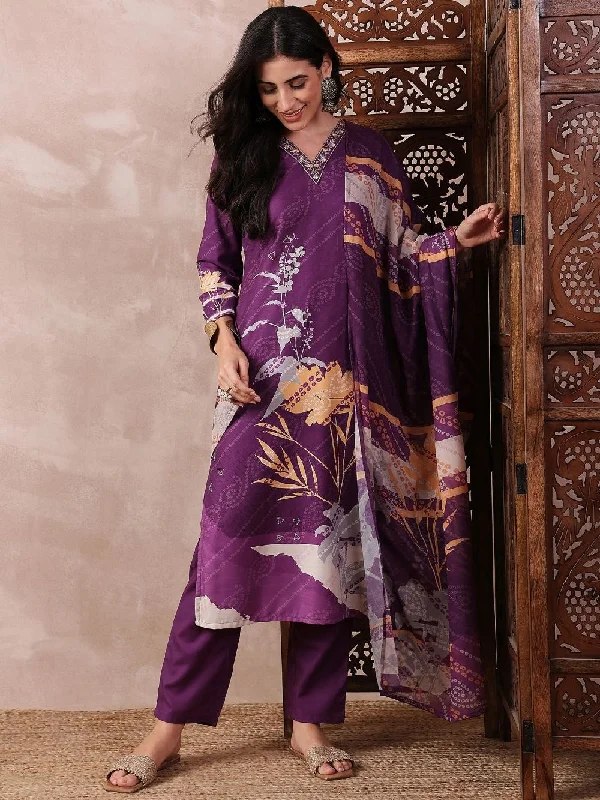 Purple Silk Blend Floral Printed Straight Kurta Trouser With Dupatta Trousers Chinos Classic