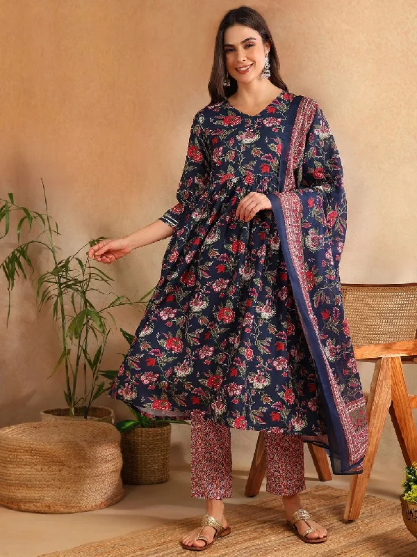 Navy Blue Rayon Blend Floral Printed A-Line Kurta Trouser With Dupatta Trousers Evening Elegant