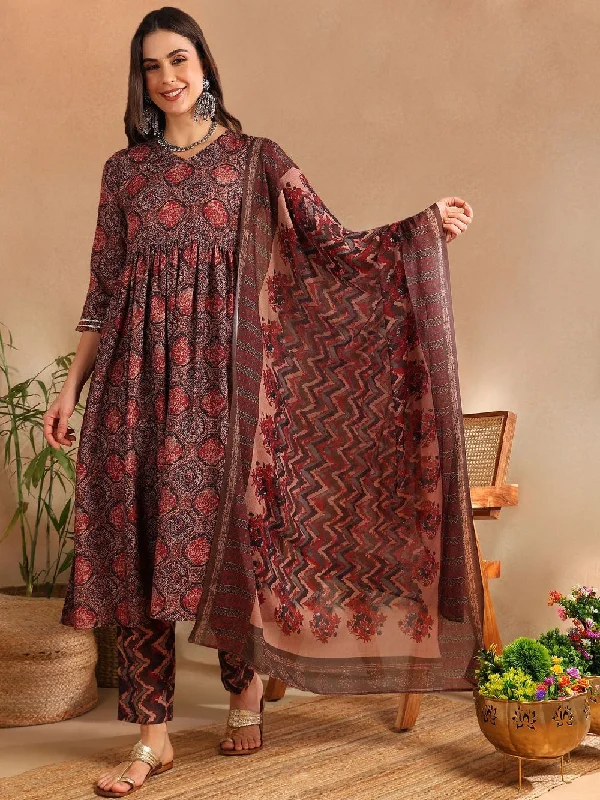 Multi Rayon Blend Ethnic Motifs Printed A-Line Kurta Trouser With Dupatta Trousers Formal Black