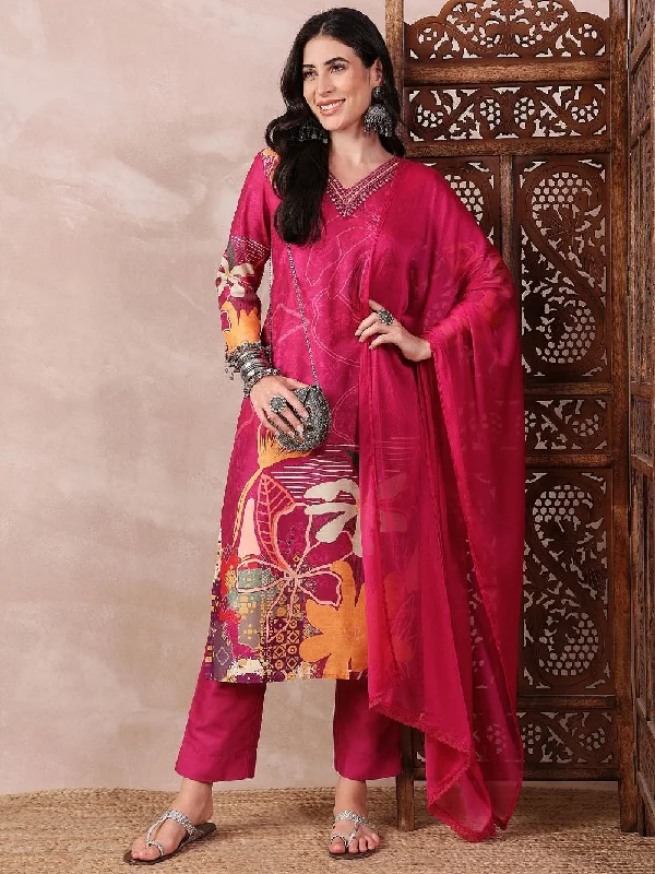 Pink Silk Blend Floral Printed Straight Kurta Trouser With Dupatta Trousers Winter Warm