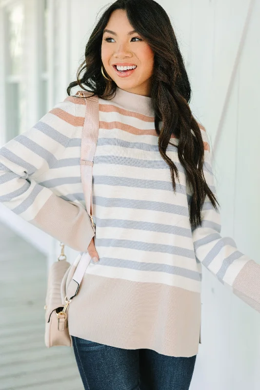 Fate: Make Your Day Taupe Brown Striped Sweater Front Pockets Side Pockets Patch Pockets