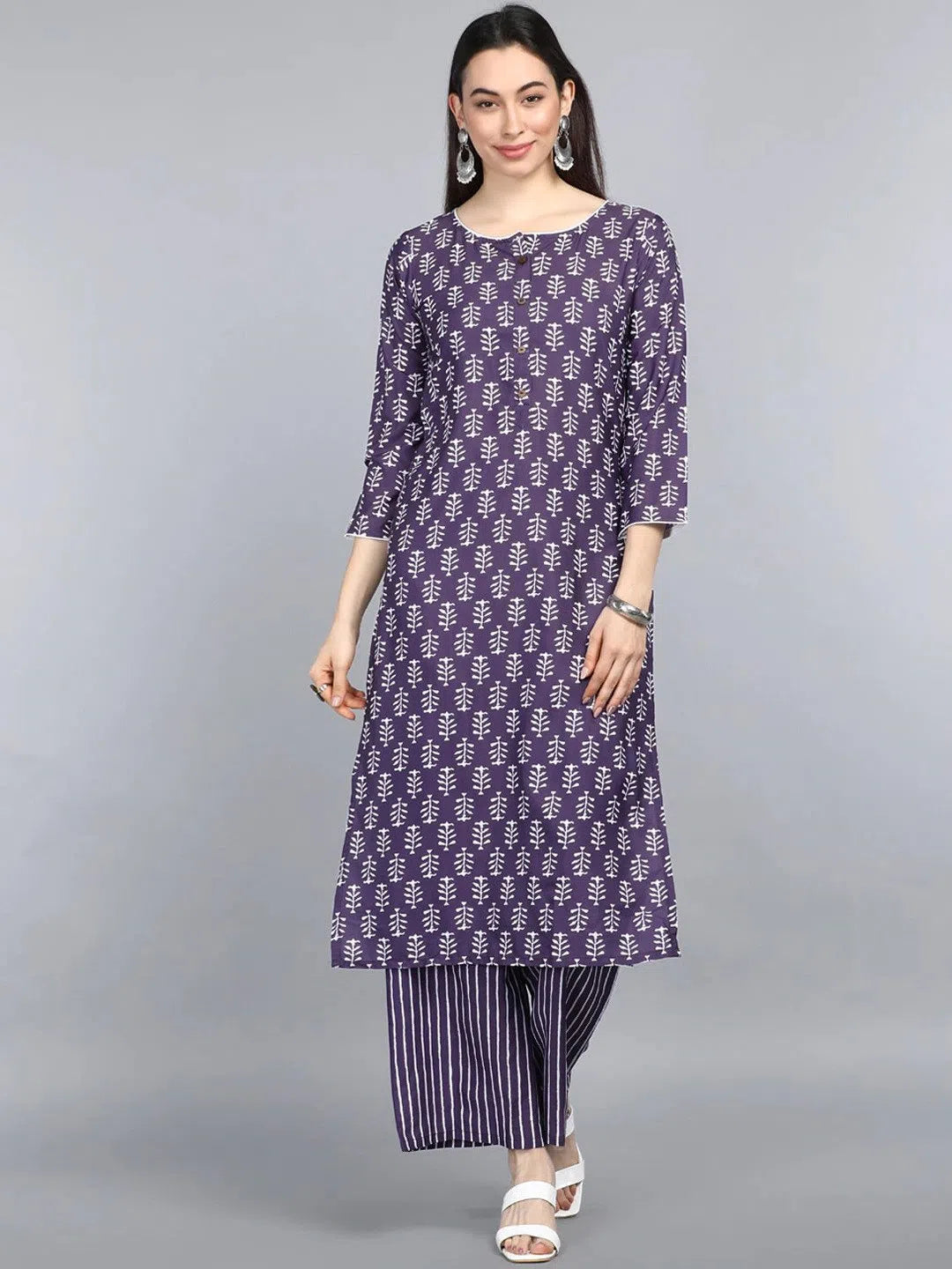 Ahika Women Purple Floral Printed Regular Kurta With Trousers Set Trousers Satin Smooth