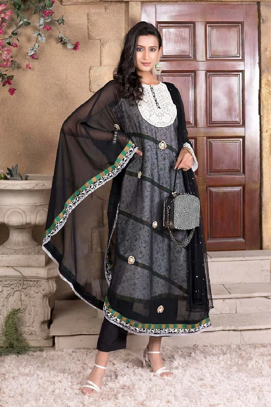 Black Embroidered Georgette Stitched Asymmetrical Trouser Kurta With Dupatta Cropped Trousers Casual Linen