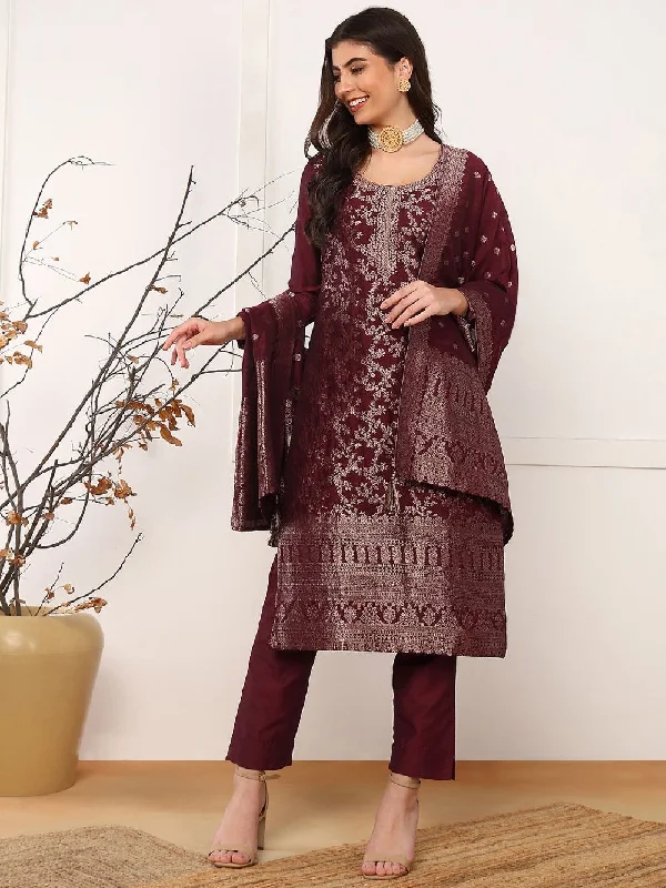 Maroon Chanderi Cotton Solid Woven Design Straight Kurta Trouser With Dupatta Trousers luxurious premium