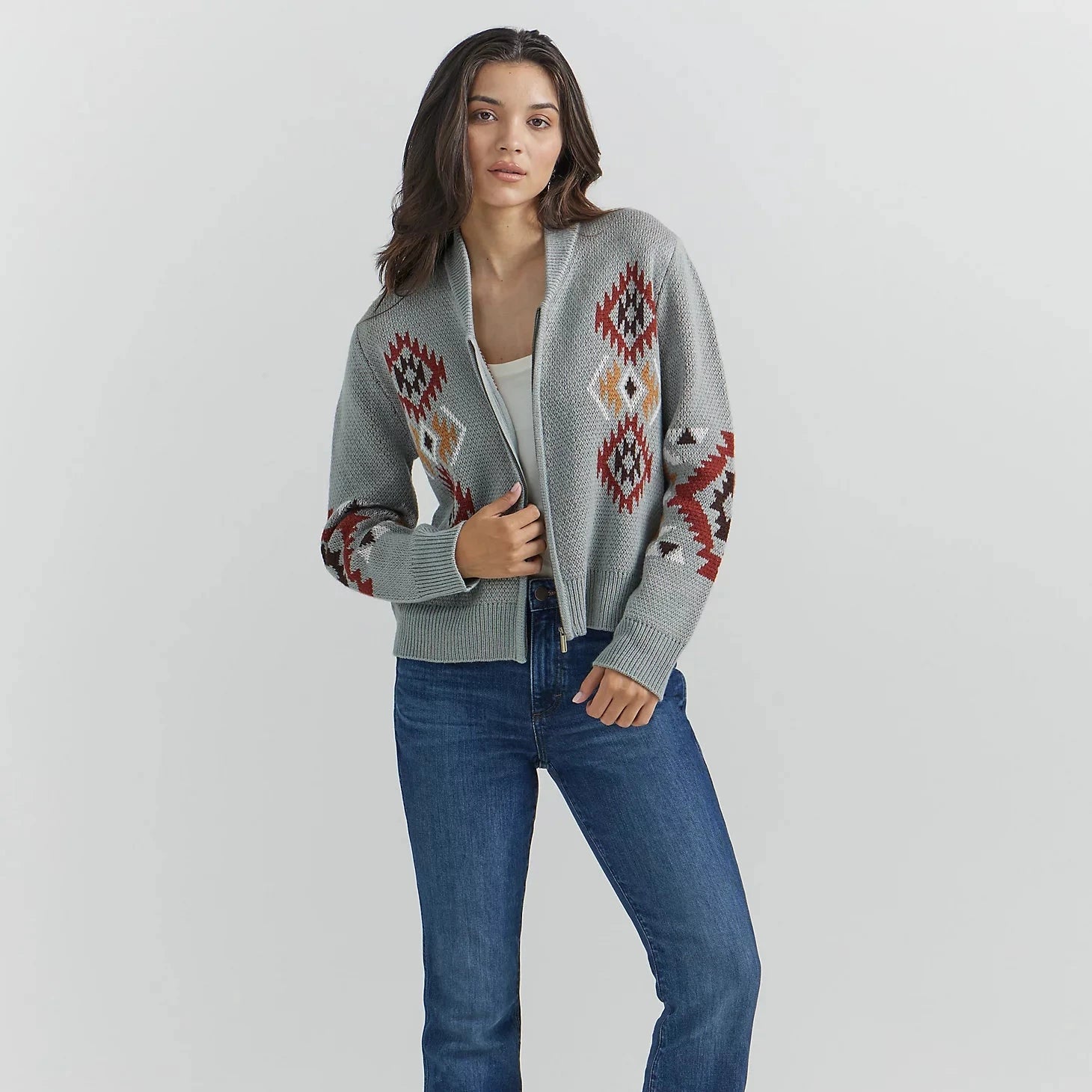 Wrangler Women's Southwestern Full Zip Cardigan Sweater in Cactus Wool Fabric Cashmere Fabric Tweed Fabric Wrangler Women's Southwestern Full Zip Cardigan Sweater in Cactus Wool Fabric Cashmere Fabric Tweed Fabric