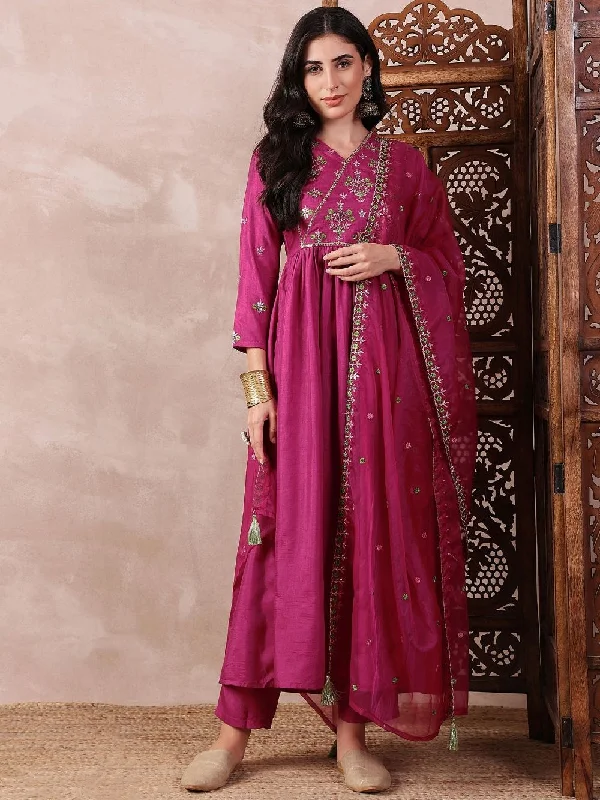 Pink Silk Blend Solid Embroidered A-Line Kurta Trouser With Dupatta Trousers Canvas Durable