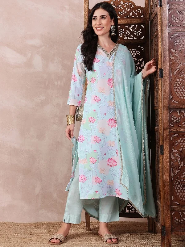 Blue Polyester Floral Printed Straight Kurta Trouser With Dupatta Trousers fashionable trendy