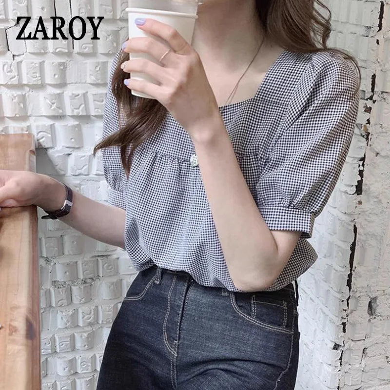 PLAZSON Summer Elegant Blouse Plaid Shirt Summer Fashion Hollow Short Sleeve Pullover Top Office Lady Shirt Fine Merino Wool PLAZSON Summer Elegant Blouse Plaid Shirt Summer Fashion Hollow Short Sleeve Pullover Top Office Lady Shirt Fine Merino Wool