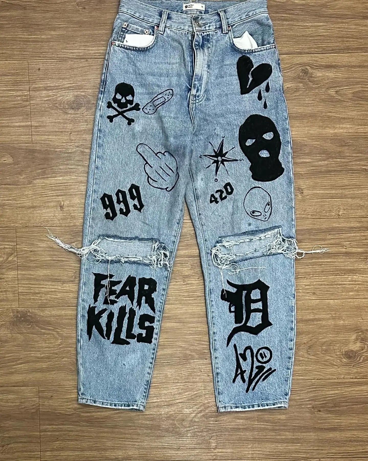 Advbridge Streetwear Jeans Y2K Hip Hop Punk Rock Graphic Print Retro Blue Baggy Jeans Mens Womens New High Waisted Wide Leg Trousers Trousers Top Rated