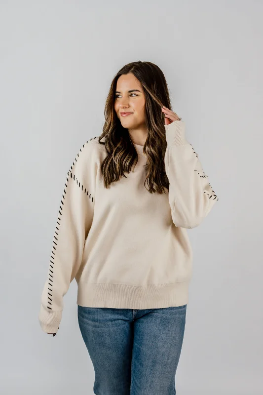 Raven Stitch Crewneck Sweater | Ivory Velvet Chenille Corduroy