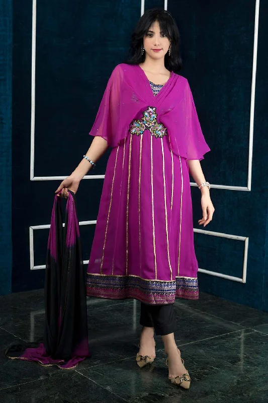 Magenta Embroidered Georgette Stitched Anarkali Trouser Kurta With Dupatta Trousers Elastic Waist Soft