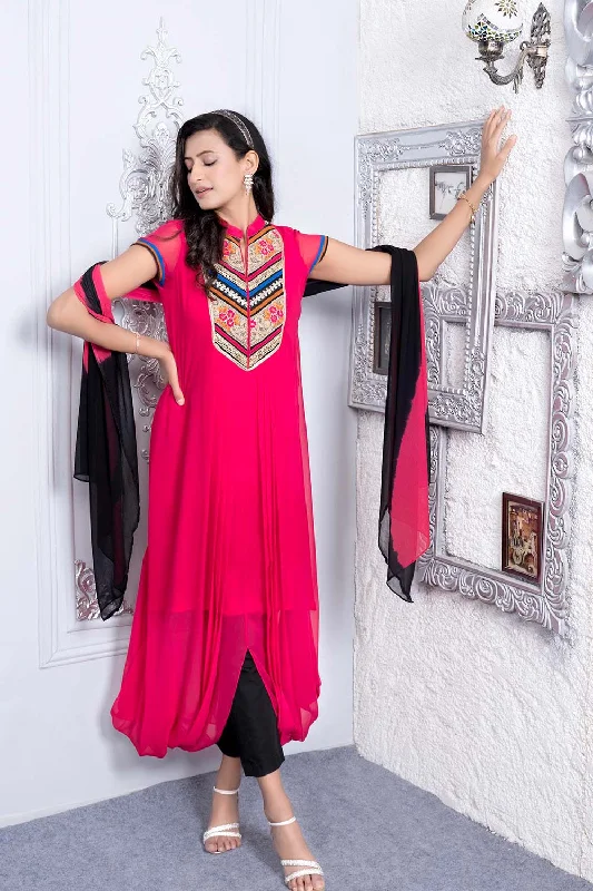 Pink Embroidered Georgette Stitched Trouser Kurta With Dupatta Trousers Print Floral