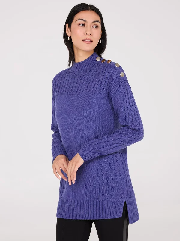 Mock Neck Tunic Sweater With Button Details Mesh Sweater Canvas Denim