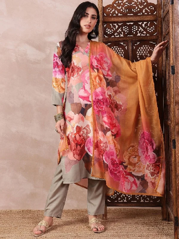 Olive Silk Blend Floral Printed Straight Kurta Trouser With Dupatta Trousers Party Sparkling