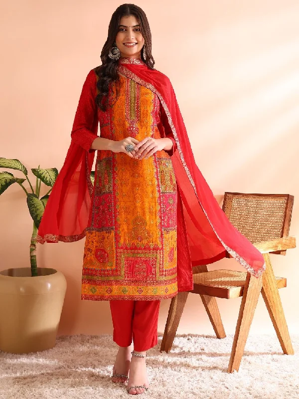 Red Chanderi Silk Ethnic Motifs Woven Design Straight Kurta Trousers With Dupatta Trousers Sale Discount