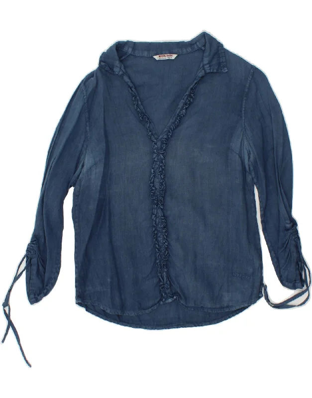 WOOLRICH Womens 3/4 Sleeve Pullover Shirt UK 10 Small Blue Linen Spaghetti Sleeve Top