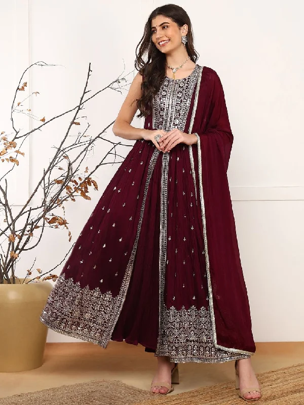 Burgundy Silk Blend Solid Embroidered A-Line Kurta Trouser With Dupatta Trousers Versatile Stylish