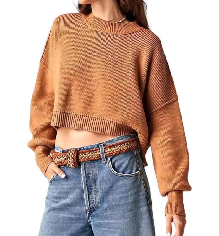 Easy Street Crop Pullover Sweater In Golden Squash Crew Neck Wool