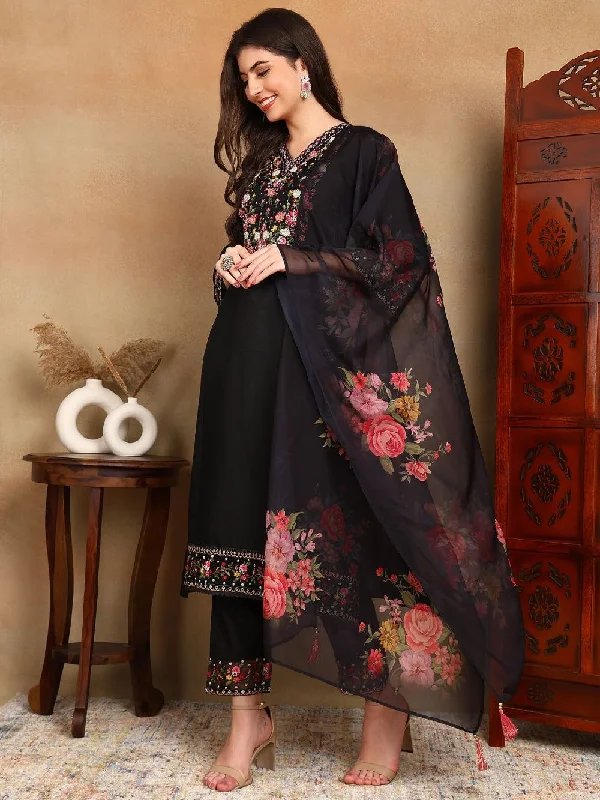 Black Silk Blend Solid Embroidered Straight Kurta Trouser With Dupatta Trousers sophisticated sleek