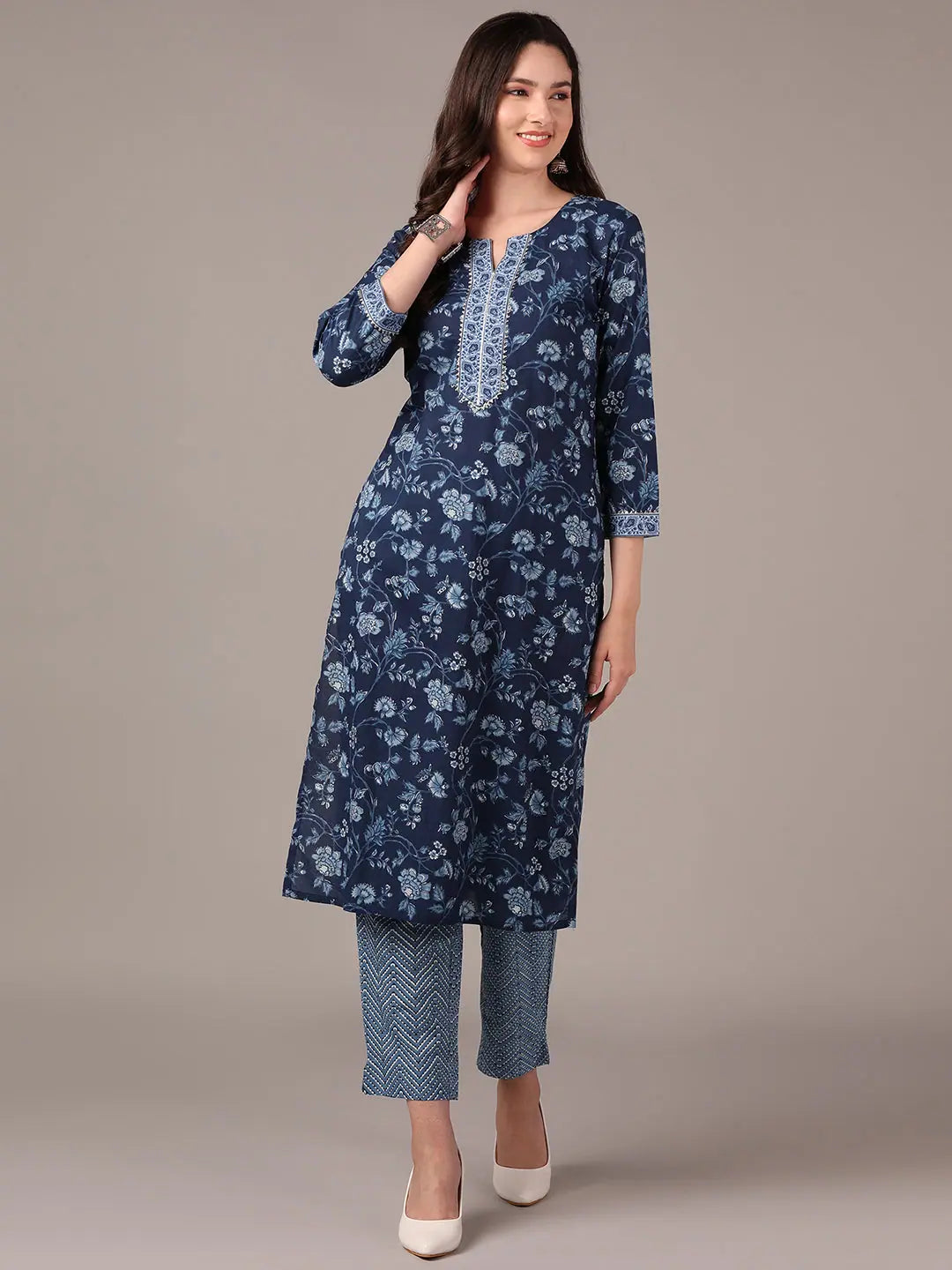 Ahika Women Navy Blue Cotton Blend Floral Printed Gotta Patti Straight Kurta with Trouser Trousers versatile all-occasion